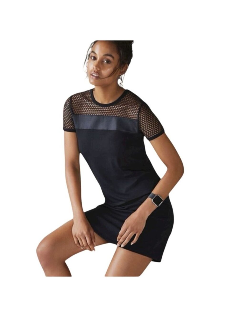 Fabletics Sarah Mini Dress Black Faux Leather Mesh Short Sleeve Athleisure Small